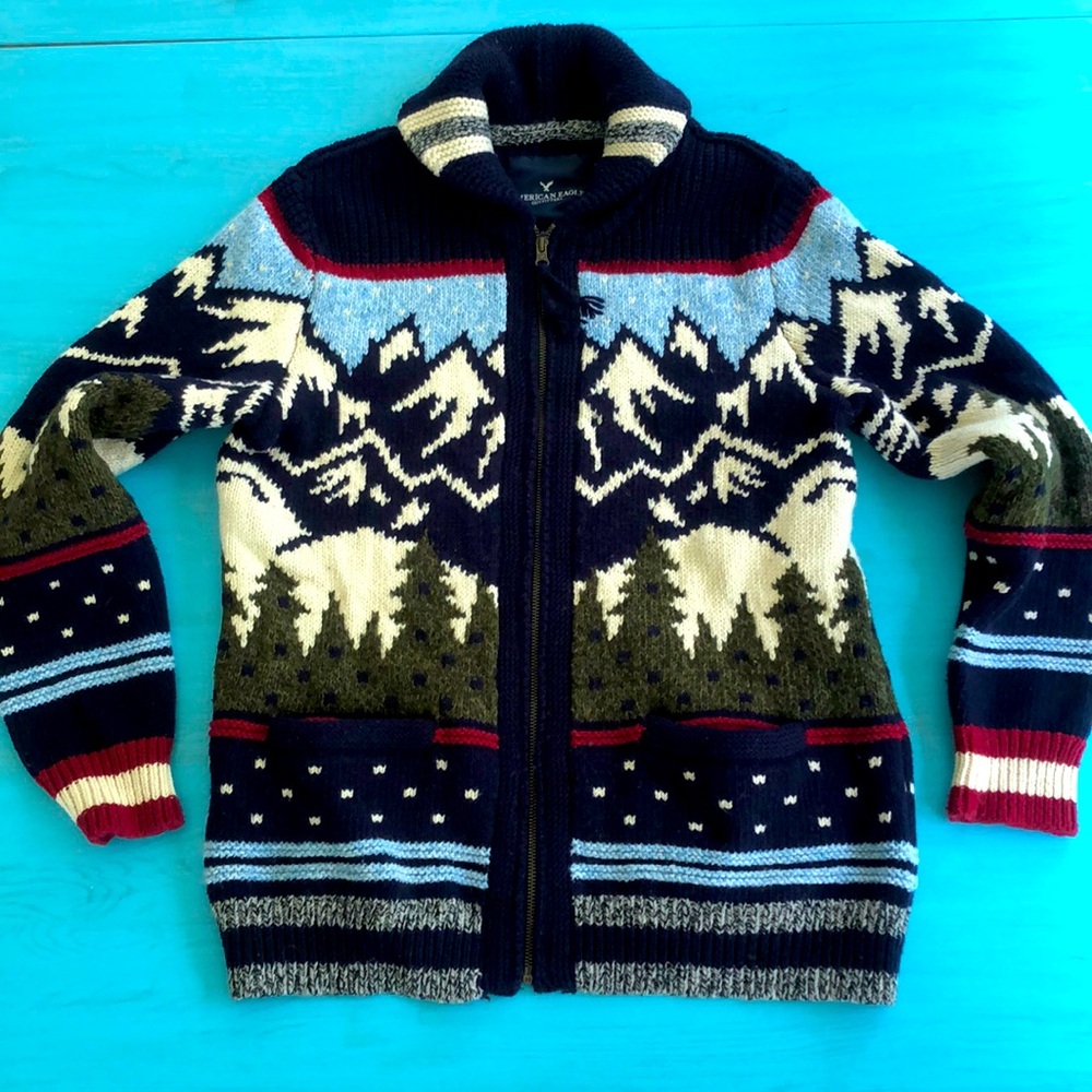 American Eagle Winter Mountain Scene Cardigan
